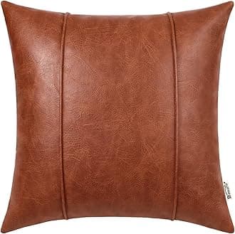 BRAWARM Cognac Leather Throw Pillow Covers 16 X 16 Inches - Faux Leather Pillow Cover with Piping, Hand Stitched Leather Throw Pillow for Couch Sofa Bed Living Room Home Decorative