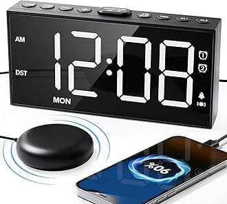 Roxicosly Vibrating Alarm Clock with Bed Shaker for Heavy Sleepers, 3-Level Vibration, Dual Alarms with Weekday & Weekend Mode, Large Digits, Dimmer, Snooze, USB Charger, Battery Backup