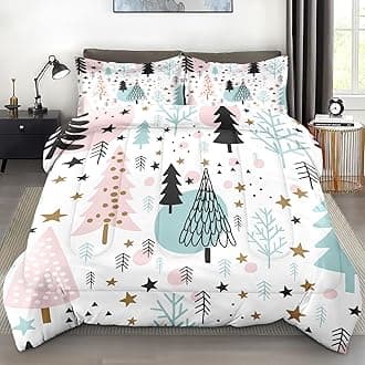 Comforter Set Queen Size, Cute Forest Trees Stars Soft 3 Pcs Bedding for Kids and Adults, Winter Christmas Comforter Set with 2 Pillowcases, for Bedroom Bed Decor