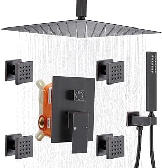 Enga Oil Rubbed Bronze Rain Shower System with Body Spray, 12inch Ceiling Rainfall Shower Faucet Complete Kit with 3-way Diverter Valve