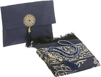 Prien Muslim Prayer Rug with Tasbih and Portable Bag, Muslim Gift for Women Men, Mubarak Islamic Box, Soft Mat Islam Gifts Set, Turkish Sajadah for Ramadan, Eid, Hajj, Travel, Pray (Navy Blue)