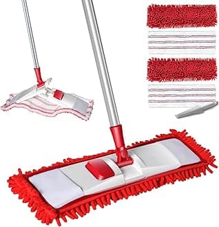 Floor Mops for Cleaning Floors, Microfibre Flat Mop for Hard Floor - Multi-Surface Wet and Dry Cleaning Mop for Indoor Home - 4 Reusable Pads (Chenille + Nylon) - Red