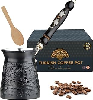 Turkish Greek Arabic Coffee Maker 12 Oz Copper Coffee Maker with Wooden Handle (4 Servings) Cezve Ibrik Briki with Wooden Spoon