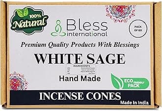 Bless-International White Sage 100%-Natural-Incense-Cones Handmade-Hand-Dipped Organic-Chemicals-Free for-Purification-Relaxation-Positivity-Yoga-Meditation The-Best-scents (60 Count)