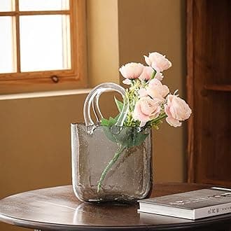 Hand Blown Glass Vase with Unique Design, Clear Purse Shape Flower Vase Handbag Shaped Fish Bowl Vase with Handles for Floral Arrangement, Centerpiece & Home Decor (Vase Only)