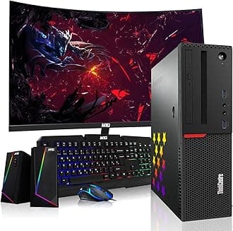 Lenovo Desktop PC Gaming Bundle - Intel Core i7, 16GB RAM, 512GB SSD, 24-inch Curved Monitor, AMD RX 550, RGB Speaker, RGB Keyboard Mouse, WiFi, Win 10 Pro (Renewed)