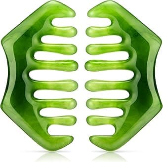 Geiserailie 2 Pieces Jade Combs Massage Stone Hair Gua Sha Scraping Scalp Comb Facial Massage Tool Multifunctional Handheld Head Tools Head Caring Therapy Mother's Day Gift (Dark Green Style)