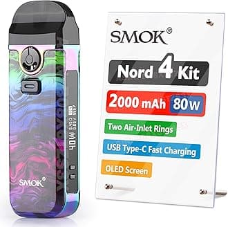 Official SMOK Nord 4 E Cigarette Vape Starter Kit, 80W 2000mAh, 2ml Airflow Control Vaping, OLED Display, USB Type-C Fast Charging, RPM Mesh 0.4ohm coil preinstalled, No Nicotine, Fluid 7-Color