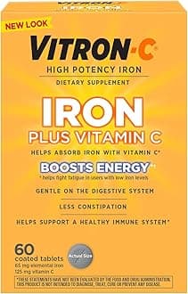 Vitron-C Iron Supplement, Once Daily, High Potency Iron Plus Vitamin C, Dye Free Tablets, 60 Count
