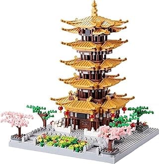 Chinese Architecture Building Block Set, Yellow Crane Tower with Cherry Blossom Tree Micro Building Kit for Adults, Collectible Miniature Model, Historic Temple Landmark DIY Creative Gift ( 2200PCS )