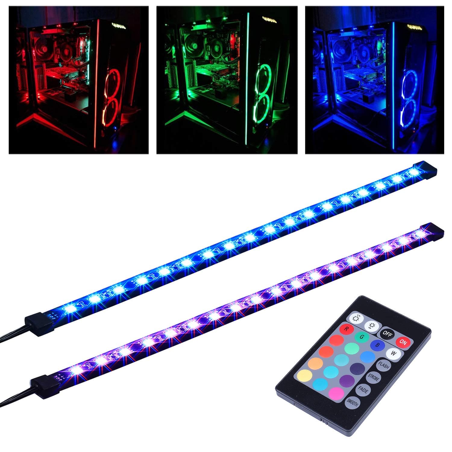 DS-R01 Full Kit RGB LED Strip Computer Lighting via Magnet with 24 key Remote Controller for Desktop Computer Case Mid Tower Full Tower (5050 SMD 2pcs 18leds 30cm R Series
