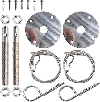2 PCS Hood Pins, Engine Hood Lock Shock-Absorbing Hardware Fixer Set, Stainless Steel Anti-Rust Accessories with Racing Lanyard Hook Nut Screw, Universal for Most Cars Repair Tool (Silver)