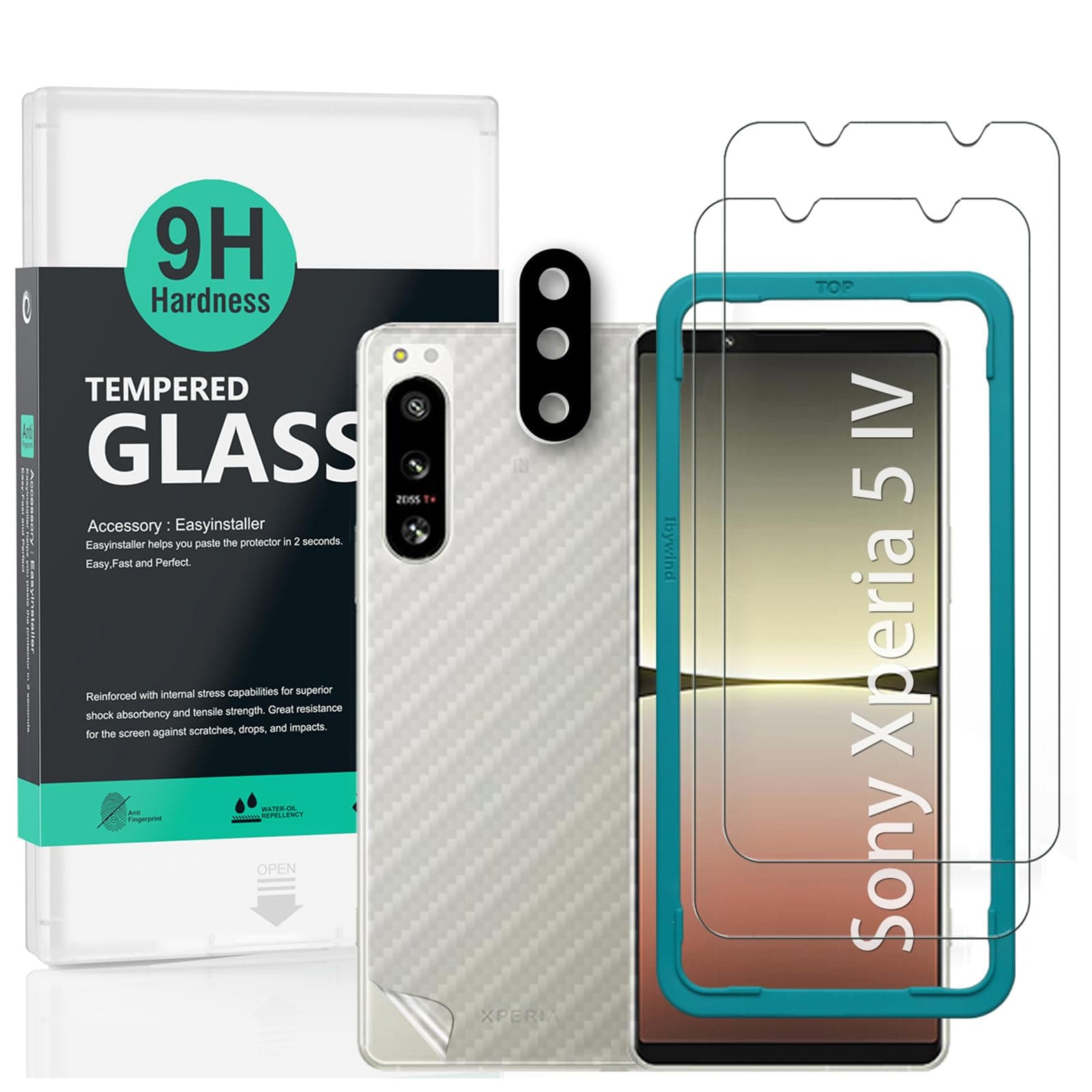 For Sony Xperia 5 IV 5G Screen Protector 6.1",2 Pack 9H Hardness Tempered Glass,With 1Pc Camera Lens Protector,1Pc Back Carbon Fiber Film,Easy to install