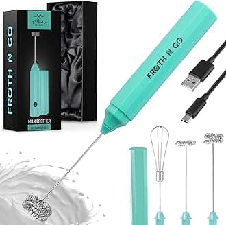 Zulay Froth N Go Milk Frother – Rechargeable 3-in-1 Handheld Frother Wand with Travel Case & USB-C Charger – Single, Double & Egg Whisk for Latte, Cappuccino, Matcha, Protein Shakes – Aqua