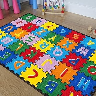 Champion Rugs Large Classroom Rugs Kids Alphabet (A-Z and 1-9) Puzzle Area Rug Non Slip Gel Backing (39” x 62”)