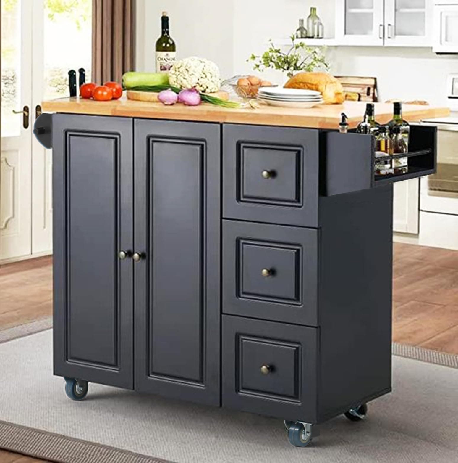 PHI VILLA Black Rolling Kitchen Island with Storage, Portable Drop Leaf Kitchen Cart on Wheels