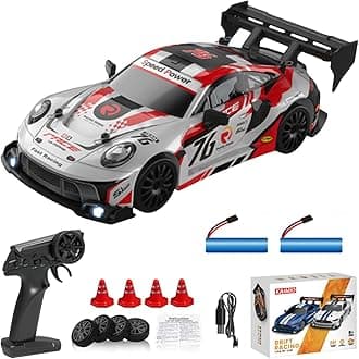 KAIMIO 1:24 Scale RC Drift Car 4WD 2.4GHz 30KM/H High Speed Racing Sport Toy Car with LED Lights, Racing and Drift Wheels (8606-White)
