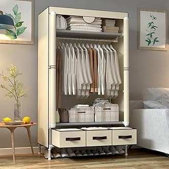 Anmas Power Portable Canvas Wardrobe with 3 Drawers, Portable Closet with Hanging Rail and Wardrobe Shelves, 90x45x170cm Wardrobe for Bedroom, Beige