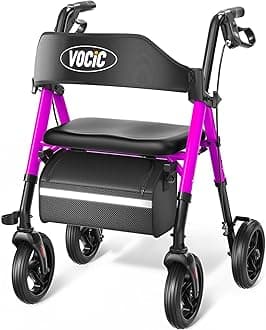VOCIC Walkers for Seniors,Foldable Walker with Seat,Lightweight Rollator with Durable Aluminum,330lbs Load Capacity,8" Big Wheels for All Terrain, Adjustable Height Rolling Walker| Inky Black