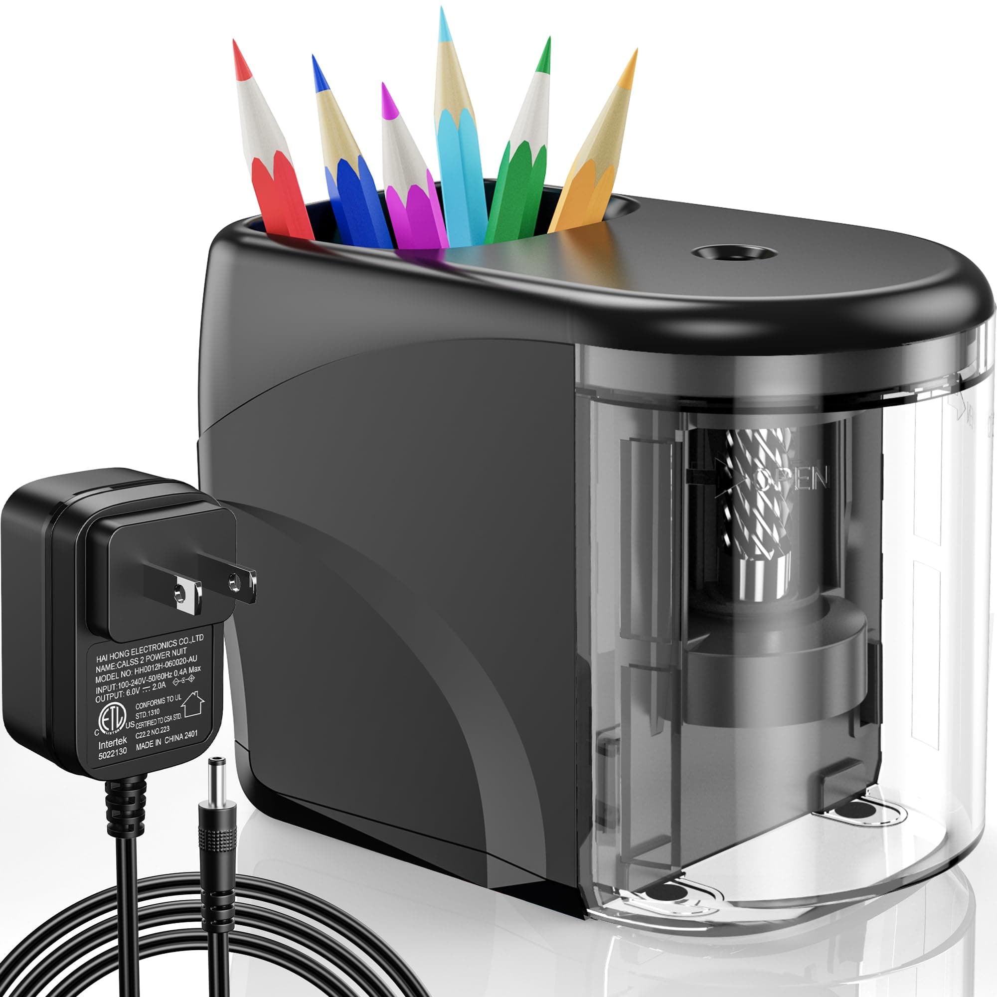 Electric Pencil Sharpener Heavy-Duty Helical Blade Sharpener with Adapter/Battery Operated for No.2/ (6-8mm) Pencils with Auto Stop & Cleaning Brush in School/Classroom/Office (Black)