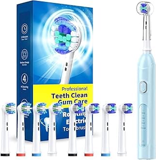Rotating Electric Toothbrush for Adults with 8 Brush Heads (2 Types), 4 Modes Deep Clean Electric Toothbrush with Rechargeable Power and 2 Min Smart Timer Blue
