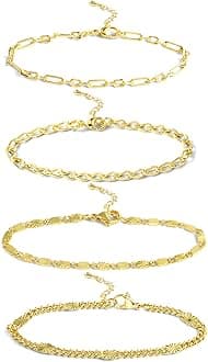 14K Gold Chai14K Gold Chain Bracelets Set for Women, Dainty Paperclip Link Bead Stackable Layered Bracelets Metal Fashion Jewelry