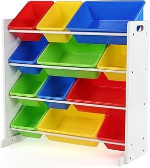 Humble Crew Children's Shelf, Toy Organiser Shelf with 12 Storage Boxes, White/Primary