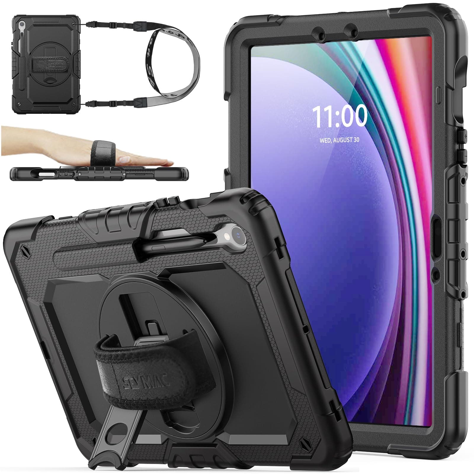 Case for Samsung Galaxy Tab S10 Lite / S10 FE / S9 FE 5G / S9 Tablet Case 10.9''/ 11'' Protective with Screen Protector, Pen Holder, 360 Rotate Stand, Hand Strap, Shoulder Strap, Black1