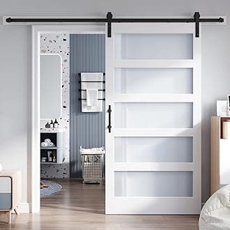 42x84 Inch Glass Sliding Barn Door Slab and 7ft Hardware Kit Included, 5 Frosted Glass, LVL Wood Panel Covered with White Water-Proof Scratch-Proof PVC Surface, Simple DIY Assembly