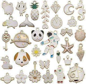 Street27® 1 Set 31pcs DIY Mixed Assorted Gold Plated Enamel Charm Unicorn Flower Dress Fish Shell Moon Star Animals Pendant DIY for Necklace Bracelet Jewelry Making and Crafting Charms (White)