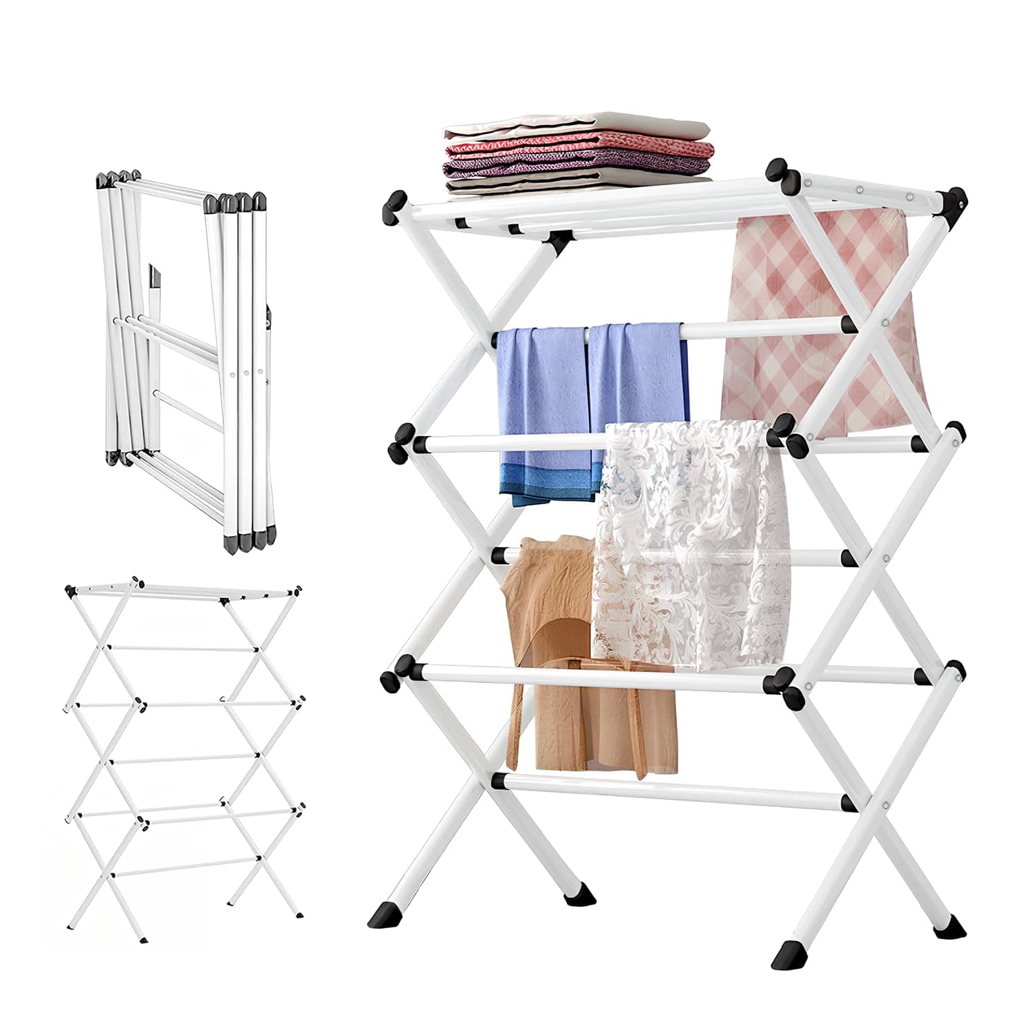 – 3 Tier Foldable Clothes Drying Rack, Expandable Airer With 11 Thickened Poles, Space Saving Indoor Outdoor Dryer, Compact Horse - White