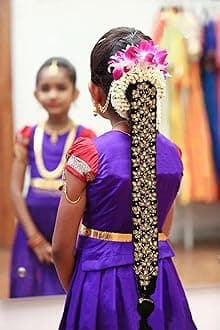 Fashions Traditional Classical Maggam Work Hair Choti Pulajada Paranda Ornaments Bharatanatyam Poola Jada Jadai Alangaram Kuchipudi Savaram For Kids Girls, Golden
