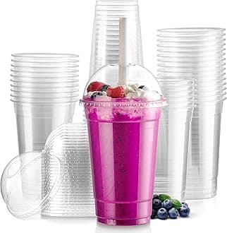 100 Pack 20 oz Disposable Plastic Coffee Cups with Dome Lids, To Go Iced Coffee Cups with Lids, BPA Free Clear Parfait Cups for Party, Smoothie, Bubble Boba, Juice, Milkshake