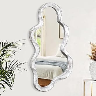 Large Asymmetrical Wall Mirror Irregular Wood Frame Modern Unique Wall-Mounted Artistic Wavy Mirror Decor Bathroom Vanity Bedroom Living Room Entryway Hallway 47" x 22" Natural