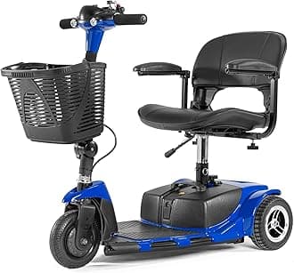 3 Wheel Battery Powered Electric Mobility Scooter, Electric Transportation Wheelchair, Compact Heavy Mobility with Lights, Basket, Extended Battery (Blue, 3 Wheel)