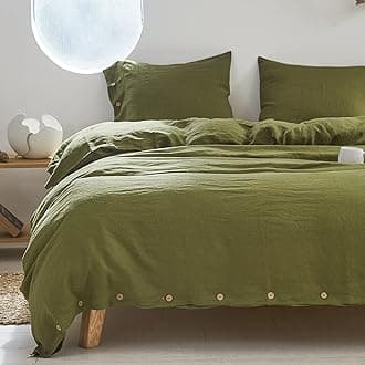 Simple&Opulence 100% Linen Duvet Cover Set 2pcs with Coconut Button Closure Natural French Washed Flax Solid Color Soft Breathable Farmhouse Bedding - Olive Green, Twin Size