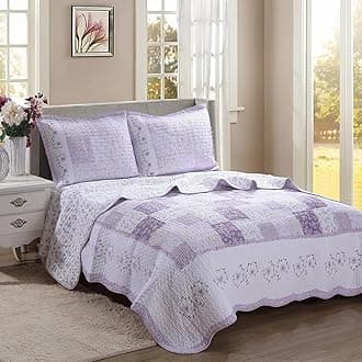 Cozy Line Home Fashions 100% Cotton Hand Pieced Real Patchwork Floral Scalloped Edge Country Quilt Bedding Set, Reversible Coverlet Bedspread for All Seasons (Love of Lavender, King - 3 Piece)
