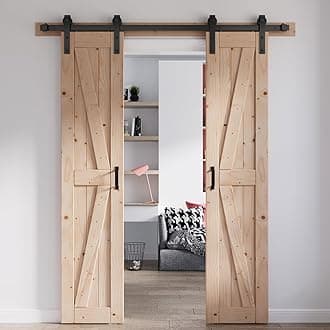 FREDBECK 36 x 84 Inch (Double 18x84 Inch Doors) Barn Doors with 6.6FT Barn Door Hardware Kit and Handle Included K Shape Solid Natural Spruce Need to Assembly