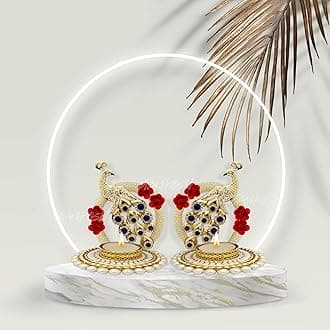 Divyakosh Metal Peacock with Stones Handcrafted Tea Light Candle Holder for Diwali Festival, Home Decor, Table Decoration, Gift (Pack of 2), Multicolour