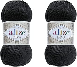 Alize Diva Yarn 100% Microfiber Acrylic Yarn, Silk Effect, Hand Knitting & Crochet, 2 Skeins, 200gr, 767yds, Black