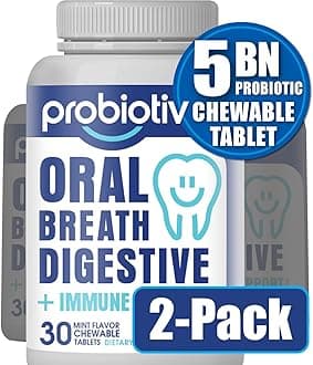 Oral Probiotics for Mouth Bad Breath 5 Billion CFU – Chewable Dental Probiotic for Teeth and Gums & Fresh Breath, Combats Dry Mouth, Halitosis & Supports Gut Health (30 Count (Pack of 2))