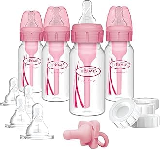 Dr. Brown's Natural Flow Anti-Colic Options+ Narrow Breast to Bottle Pump & Store Feeding Set with Slow Flow Nipples, Baby Bottle Travel Caps and 100% Silicone HappyPaci One-Piece Pacifier, Pink
