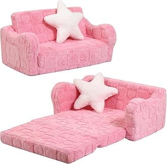 Toddler Couch, 2-in-1 Kids Soft Couch Fold Out with Star Pillow, Foldable Sofa to Lounger, Large, Pink Heart
