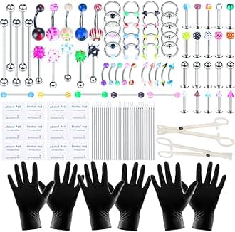 120PCS Body Piercing Kit Surgical Steel 14G 16G 20G BCR CBR Labret Lip Rings Cartilage Daith Earrings Nose Septum Nose Studs Belly Button Rings Piercing Jewelry Needles Gloves Clamps Tools