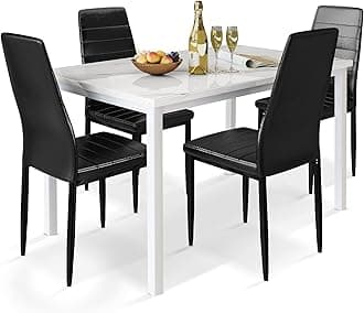 AWQM 5 Pieces Dining Table Set for 4 with Faux Marble Top and Leather Upholstered Chairs, White+Black