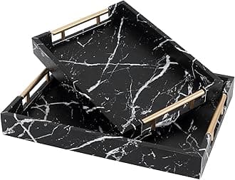Set of 2 Black Fake Marble Serving Tray with Gold Polished Metal Handles Black Decorative Wood Tray PU Leather with Brushed Gold for Coffee Table Ottoman Console Table Decor