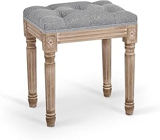 French Vintage Foot Stool with Rustic Wood Legs and Padded Seat, 18.5" High Memory Foam Upholstered Vanity Stool and Entryway Bench,Tufted Fabric Ottoman Stool for Bedroom Living Room, Gray
