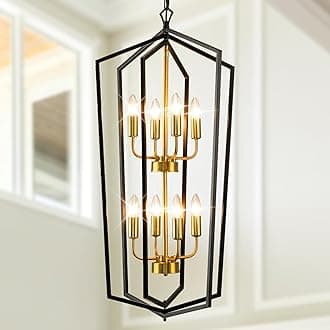 WJShome 8-Light Lantern Tiered Pendant Light Fixtures, Black and Gold Farmhouse Chandelier, Foyer Chandeliers for High Ceilings, for Dining Room, Living Room, Entryway, Staircase
