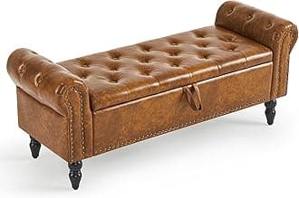 Storage Ottoman Bench With Solid Wood Legs - Leather End of Bed Ottoman With Rolled Arm for Living Room, Entryway - Upholstered Indoor Bench, YellowBrown