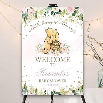 Personalized Bear Pooh Baby Shower Sign, Pink Greenery Custom Baby Shower Welcome Yard Sign Party Decorations Plastic with H Stakes, Double Sided, Full Size